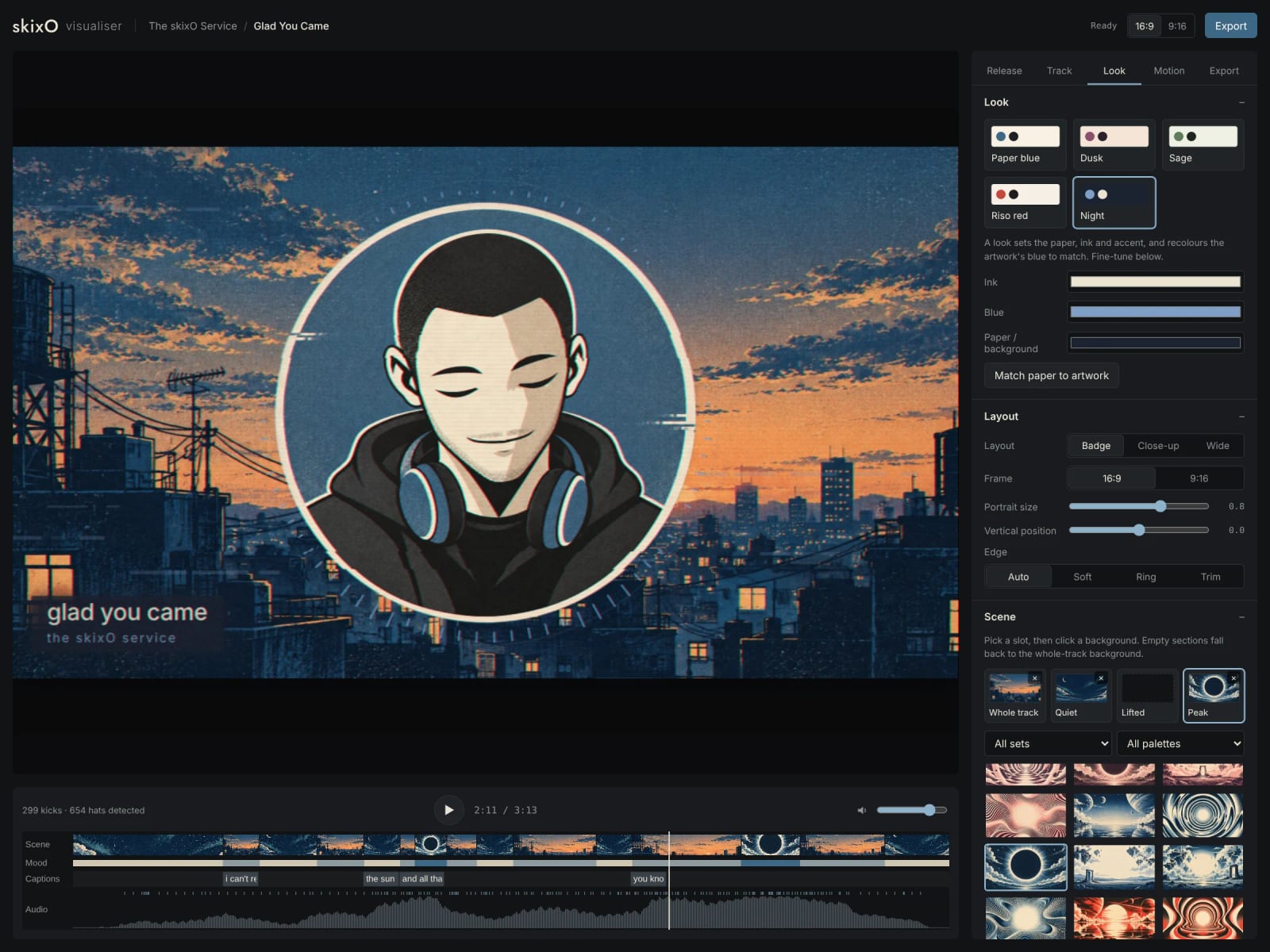 The visualiser editor: a preview of the mascot badge over a dusk city skyline, a panel of looks, layout and scene controls on the right, and a full-width timeline below with Scene, Mood, Captions and Audio lanes.