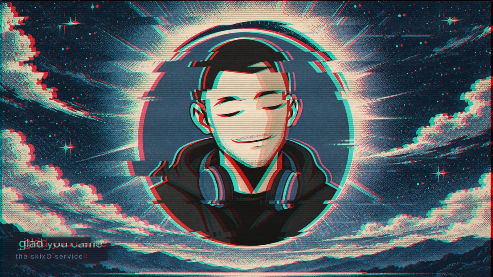 A peak section: the mascot in side light with a wider smile, over a glitched sky with light rays, red and cyan channel splits and scan lines.