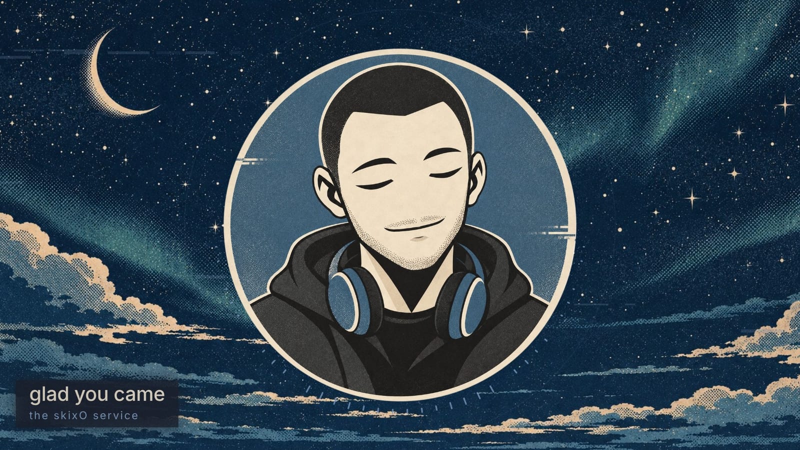 A quiet section: the mascot in flat light inside a round badge, over a starry night sky with a crescent moon and low clouds.