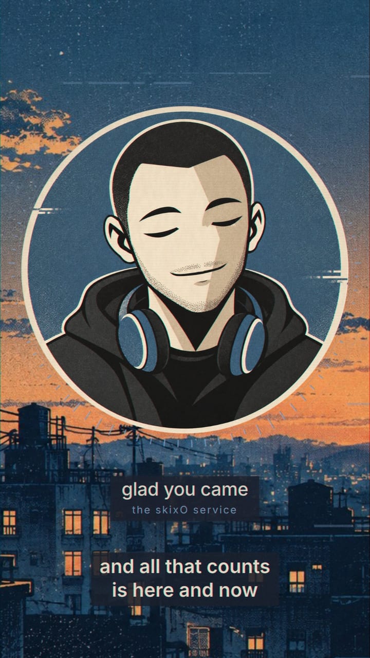 The vertical cut: the badge over a dusk skyline, with the title and a two-line lyric caption below it.