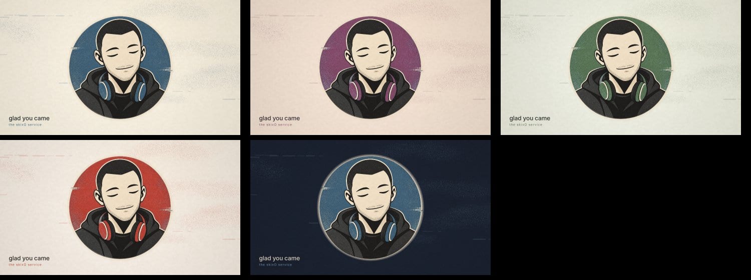The same frame in five looks: paper blue, dusk in purple, sage in green, riso red, and night on a dark background.