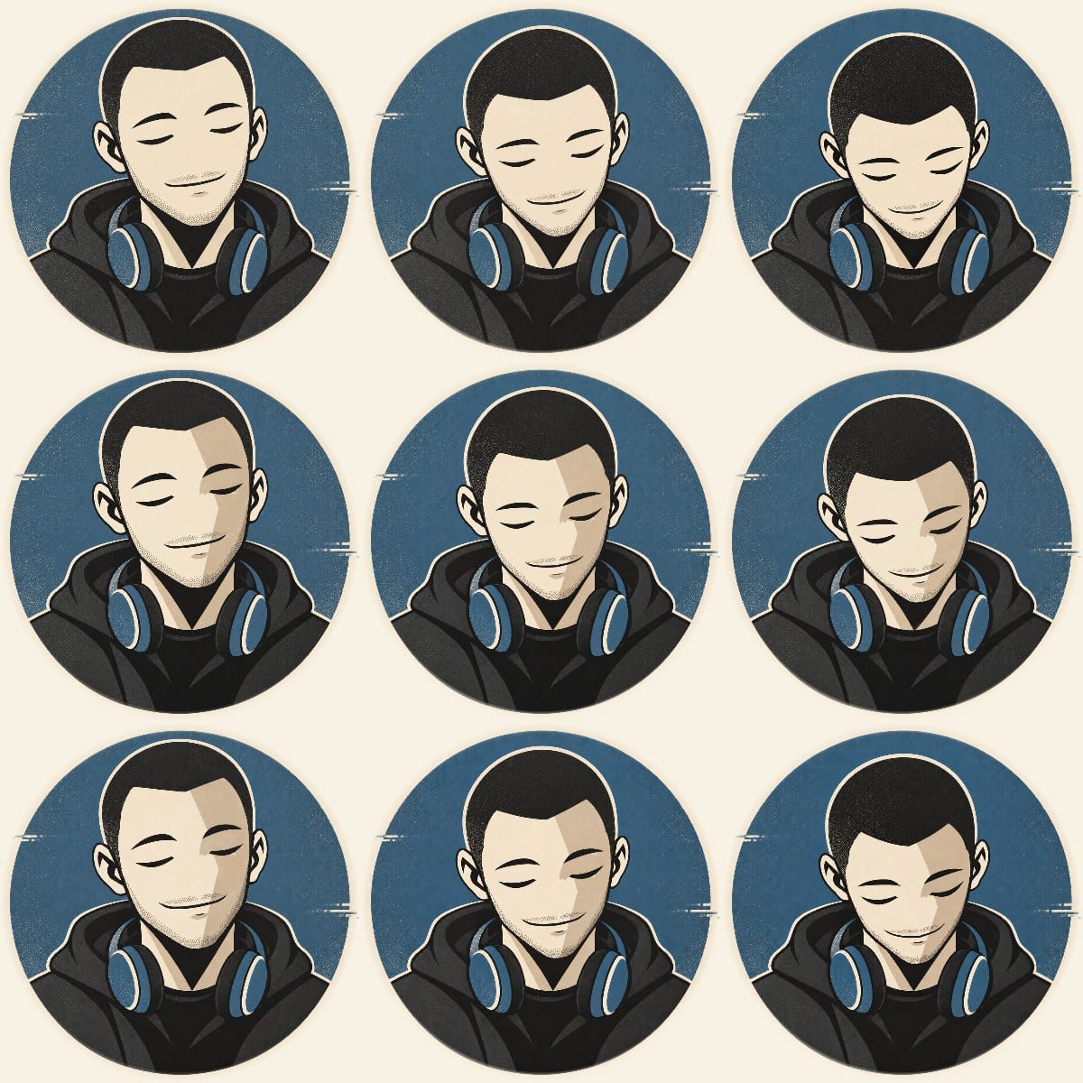 A three by three grid of mascot frames. Rows show flat light, side light and the peak pose; columns show the head upright and at two points in the nod.